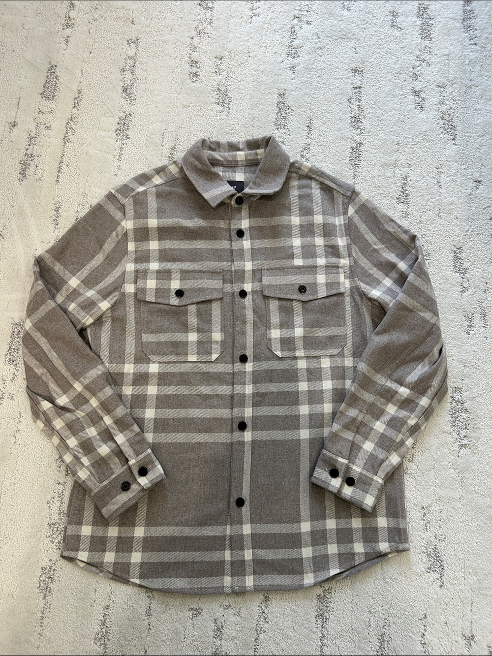 H&M Taupe and Cream Plaid Button-Down Shirt Jacket